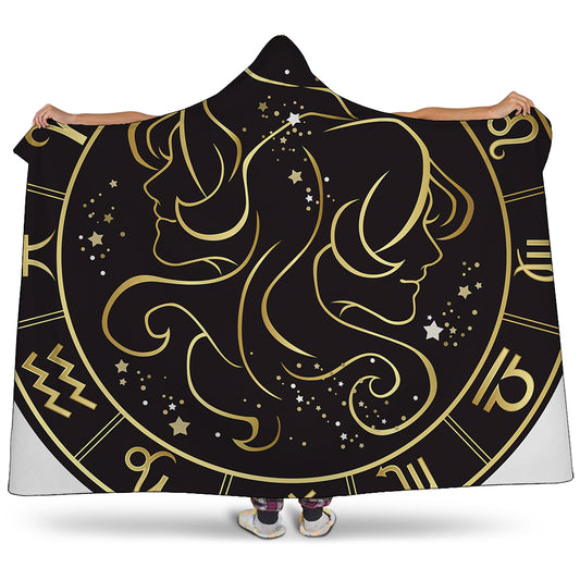 Gold And Black Gemini Sign Print Hooded Blanket