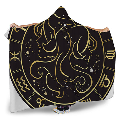 Gold And Black Gemini Sign Print Hooded Blanket