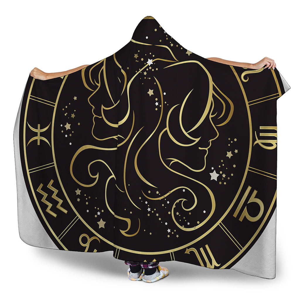 Gold And Black Gemini Sign Print Hooded Blanket