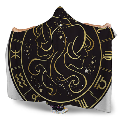Gold And Black Gemini Sign Print Hooded Blanket