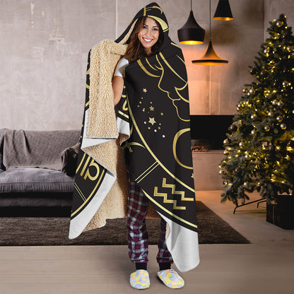 Gold And Black Gemini Sign Print Hooded Blanket