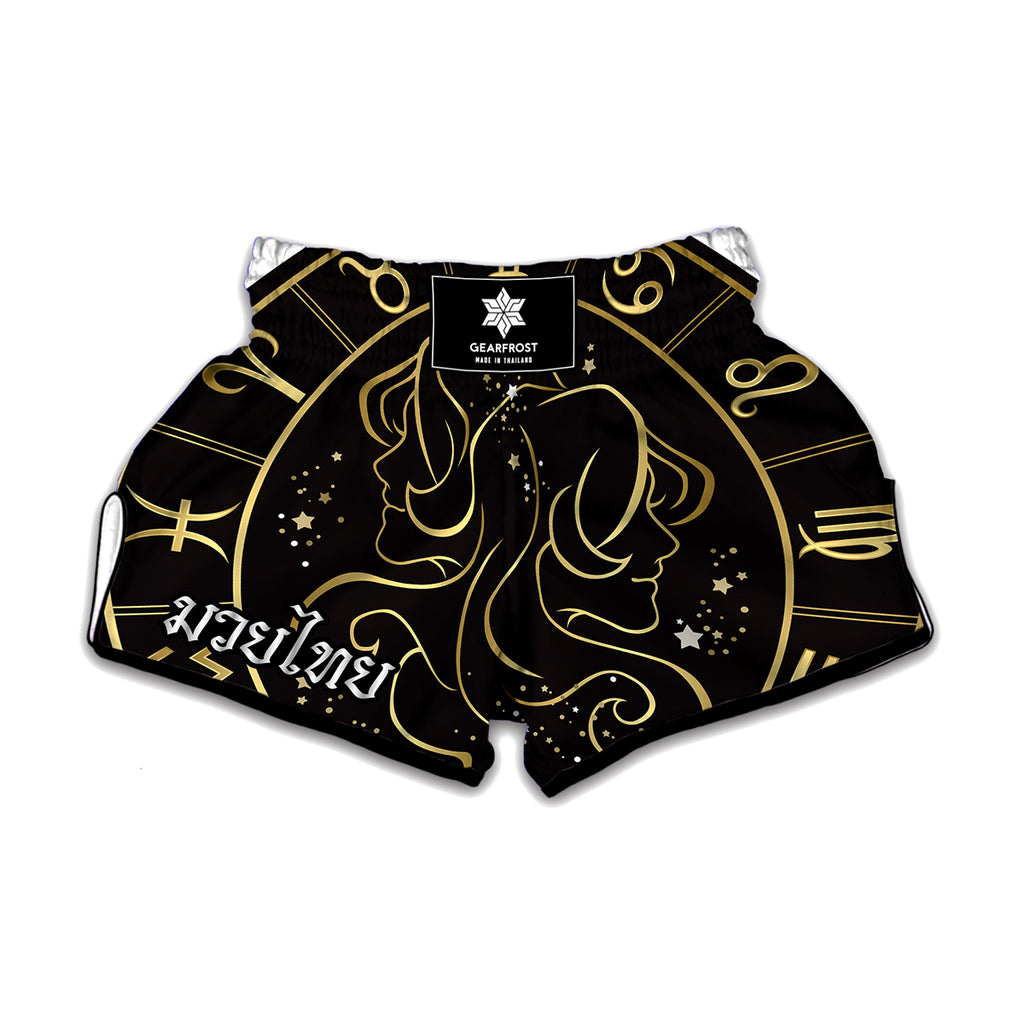 Gold And Black Gemini Sign Print Muay Thai Boxing Shorts