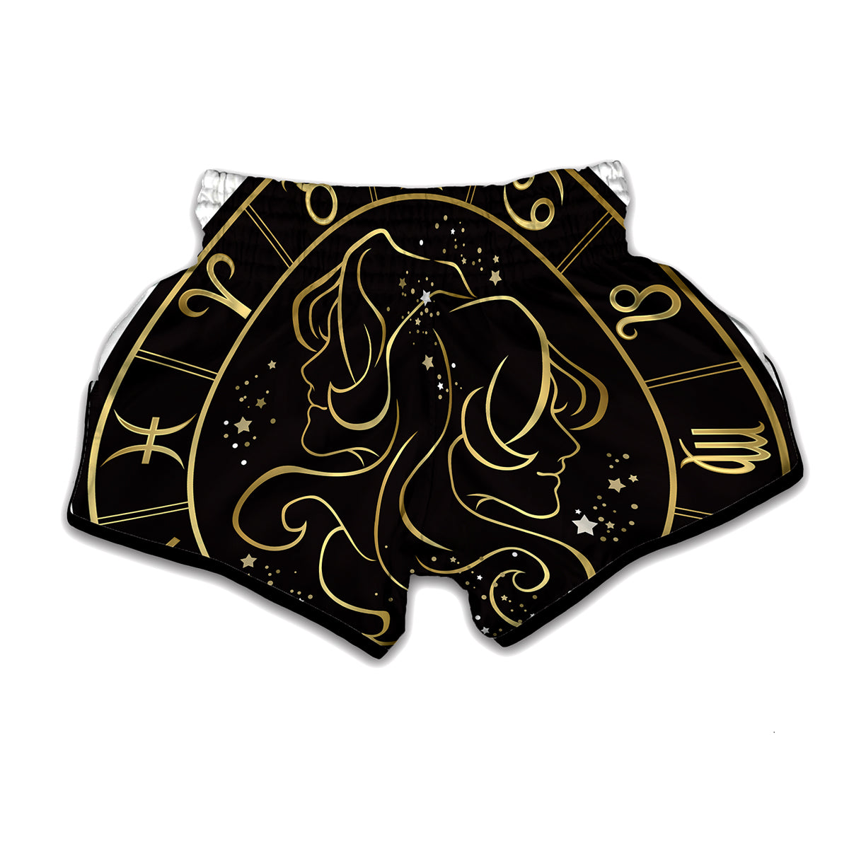 Gold And Black Gemini Sign Print Muay Thai Boxing Shorts