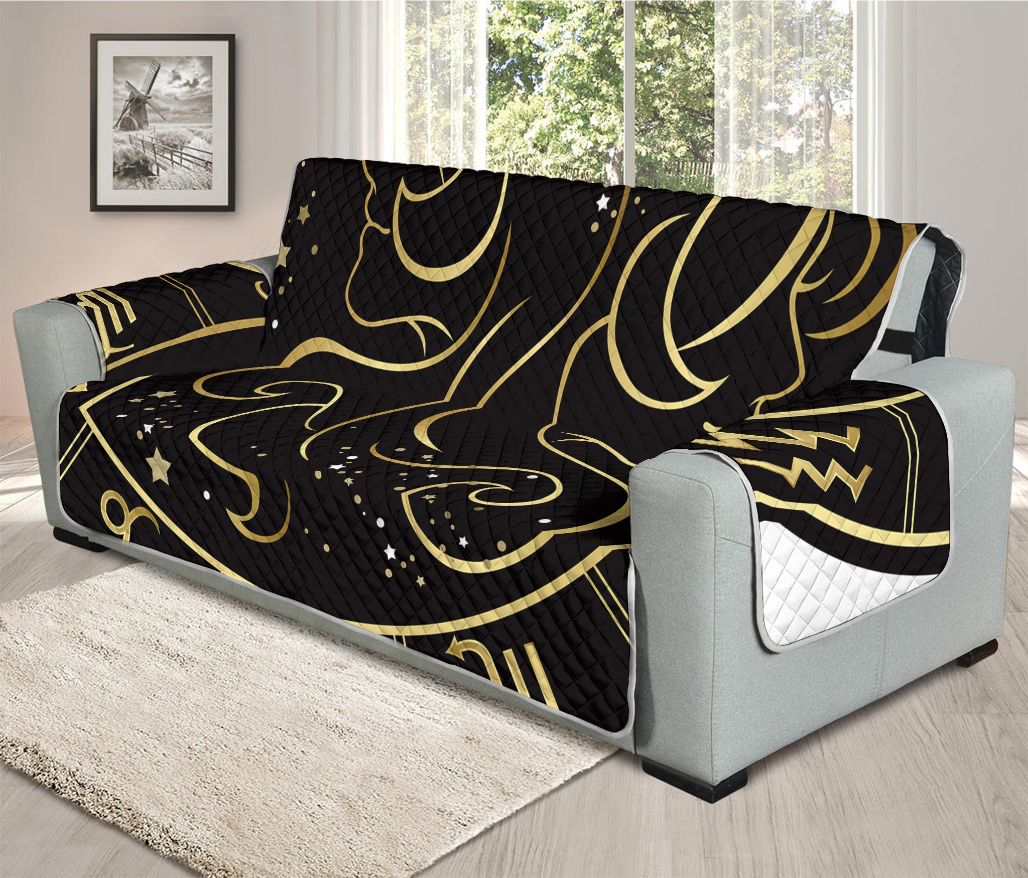 Gold And Black Gemini Sign Print Oversized Sofa Protector