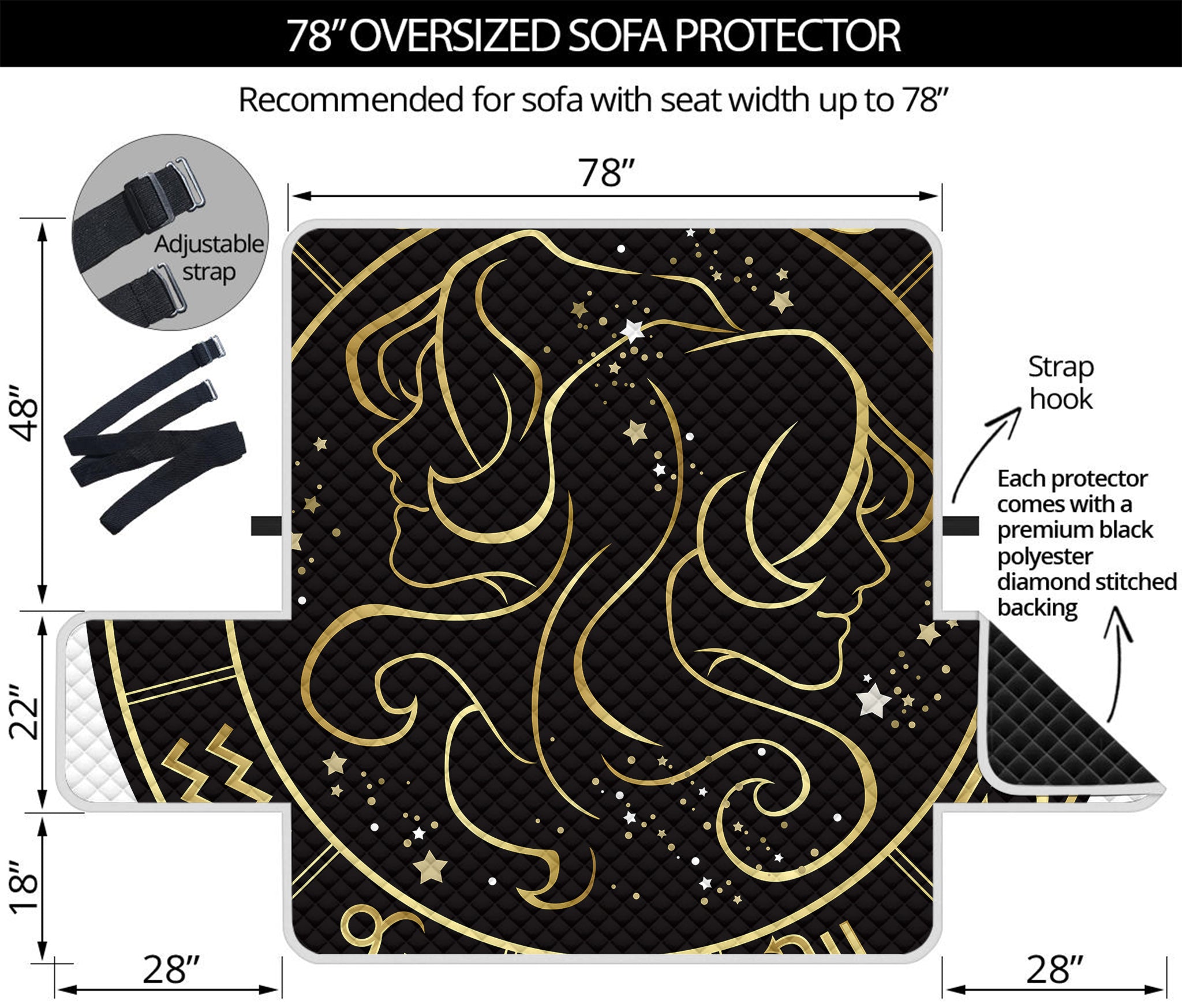 Gold And Black Gemini Sign Print Oversized Sofa Protector