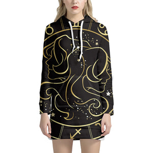 Gold And Black Gemini Sign Print Pullover Hoodie Dress