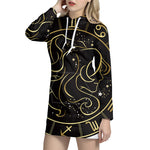 Gold And Black Gemini Sign Print Pullover Hoodie Dress