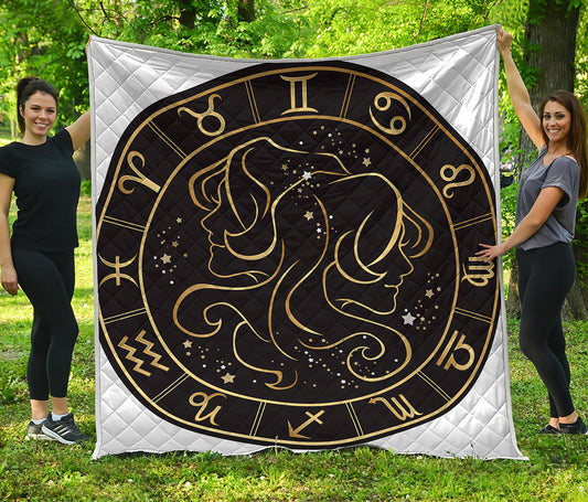 Gold And Black Gemini Sign Print Quilt