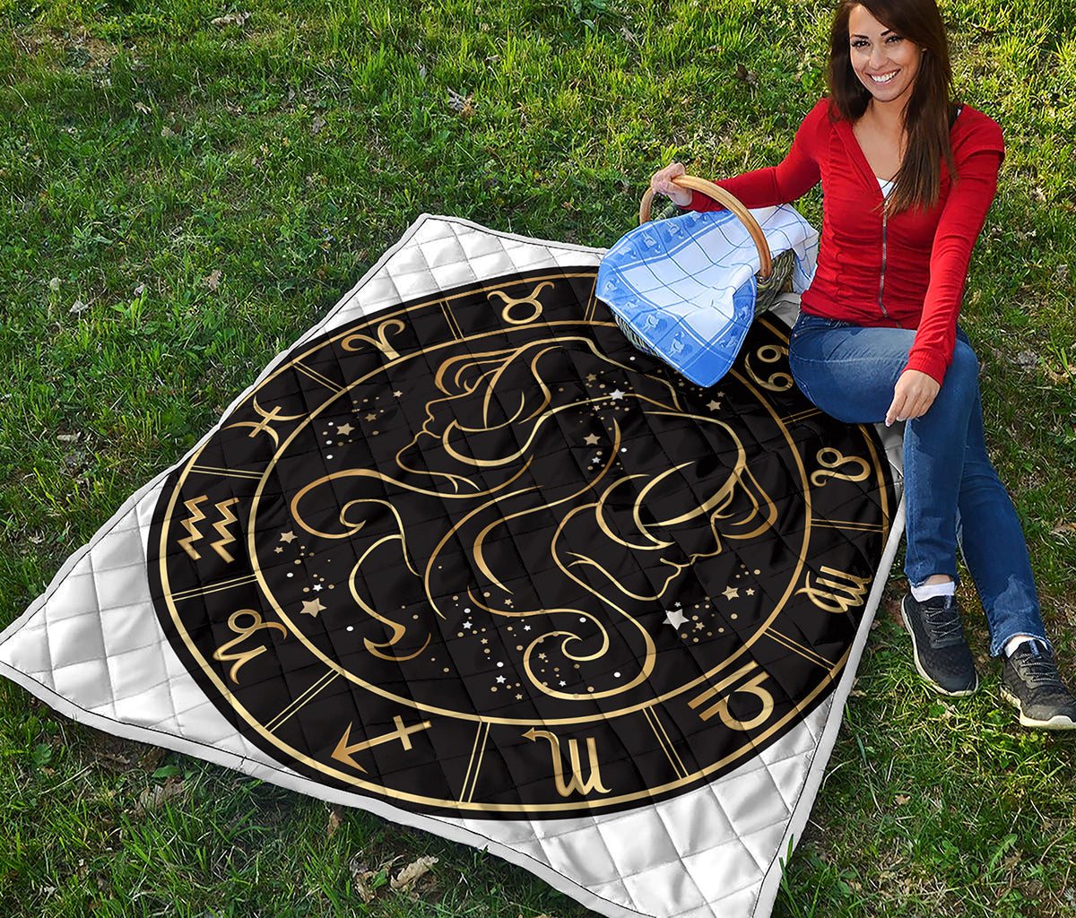 Gold And Black Gemini Sign Print Quilt