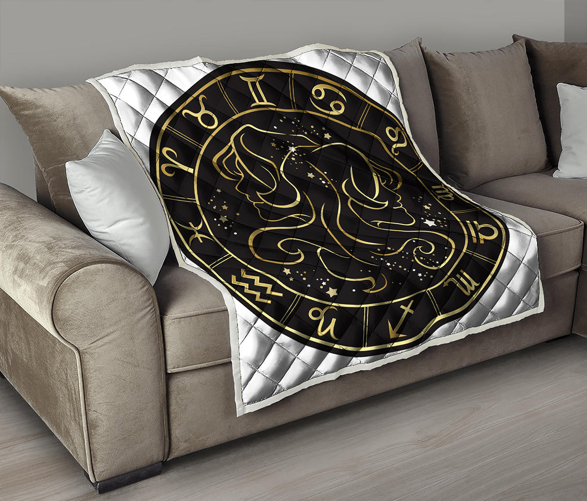 Gold And Black Gemini Sign Print Quilt