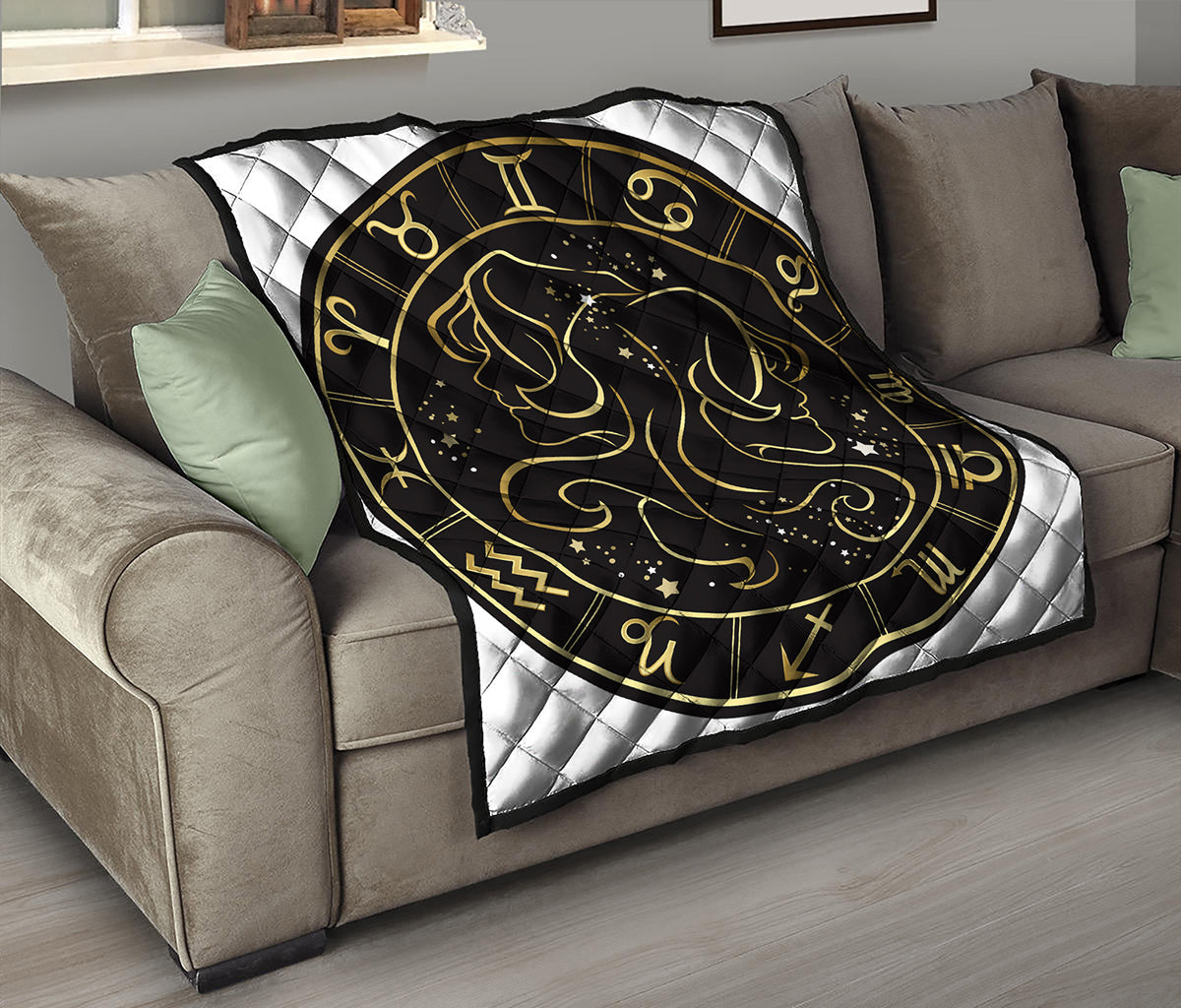 Gold And Black Gemini Sign Print Quilt