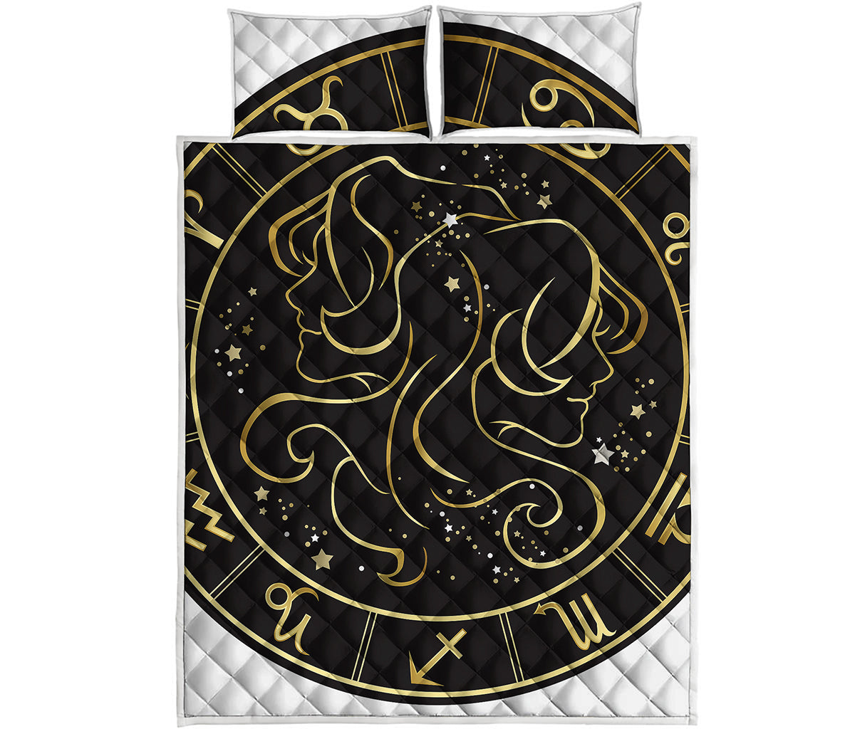 Gold And Black Gemini Sign Print Quilt Bed Set