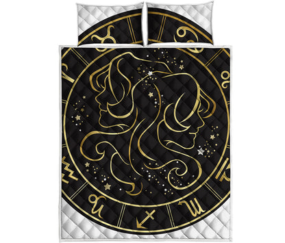 Gold And Black Gemini Sign Print Quilt Bed Set