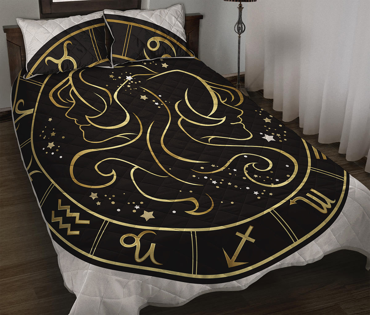 Gold And Black Gemini Sign Print Quilt Bed Set