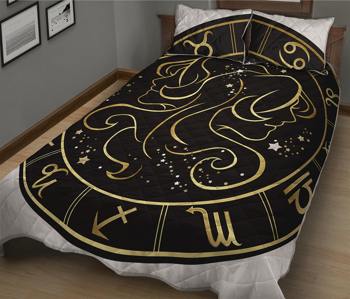 Gold And Black Gemini Sign Print Quilt Bed Set