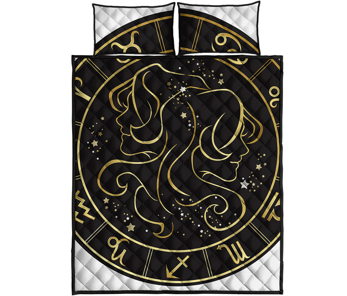 Gold And Black Gemini Sign Print Quilt Bed Set