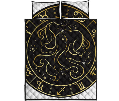Gold And Black Gemini Sign Print Quilt Bed Set