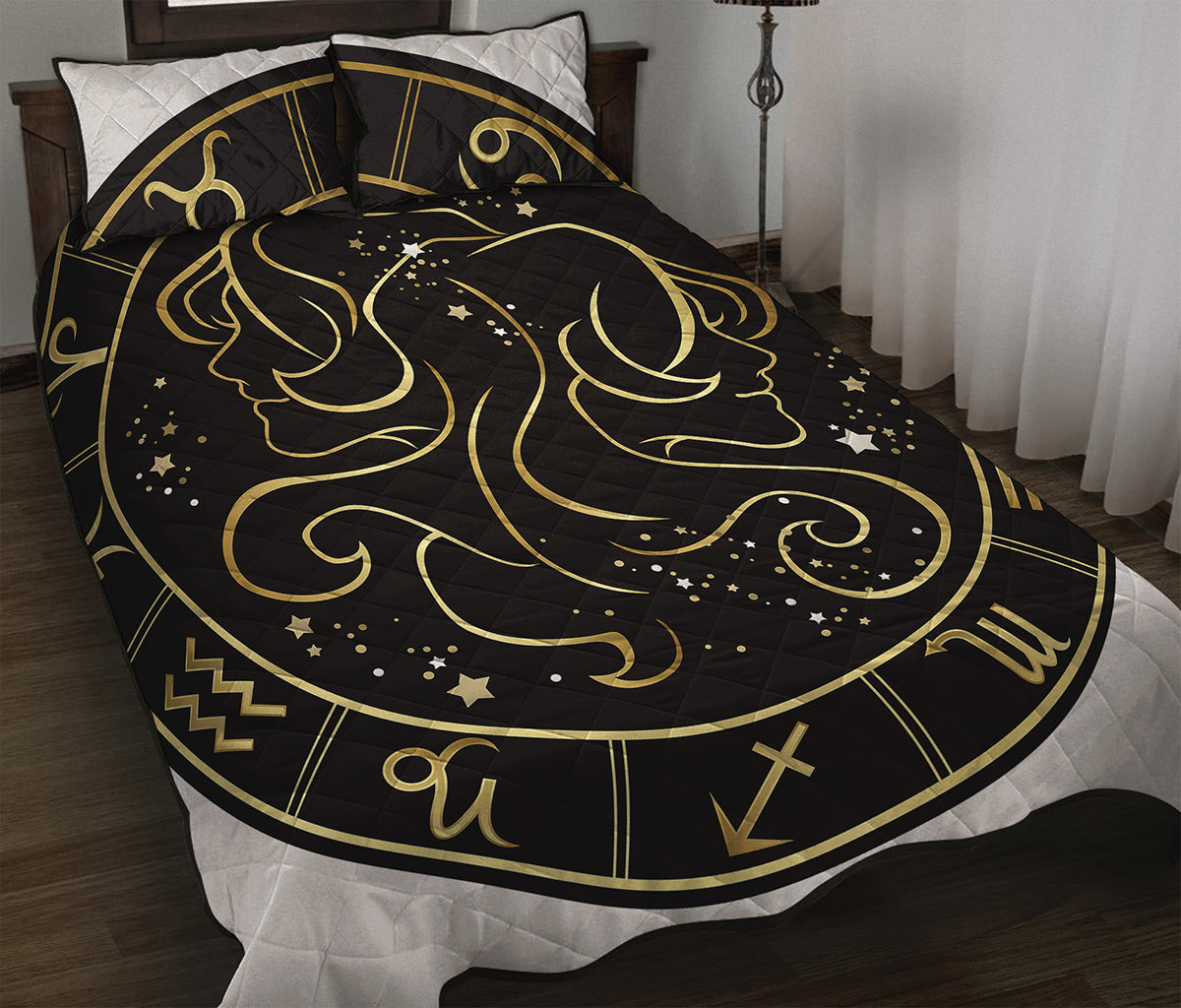 Gold And Black Gemini Sign Print Quilt Bed Set