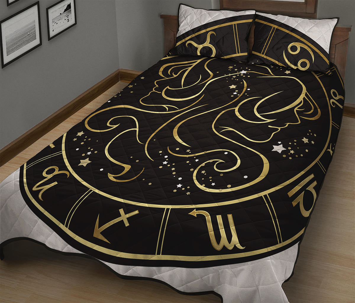 Gold And Black Gemini Sign Print Quilt Bed Set