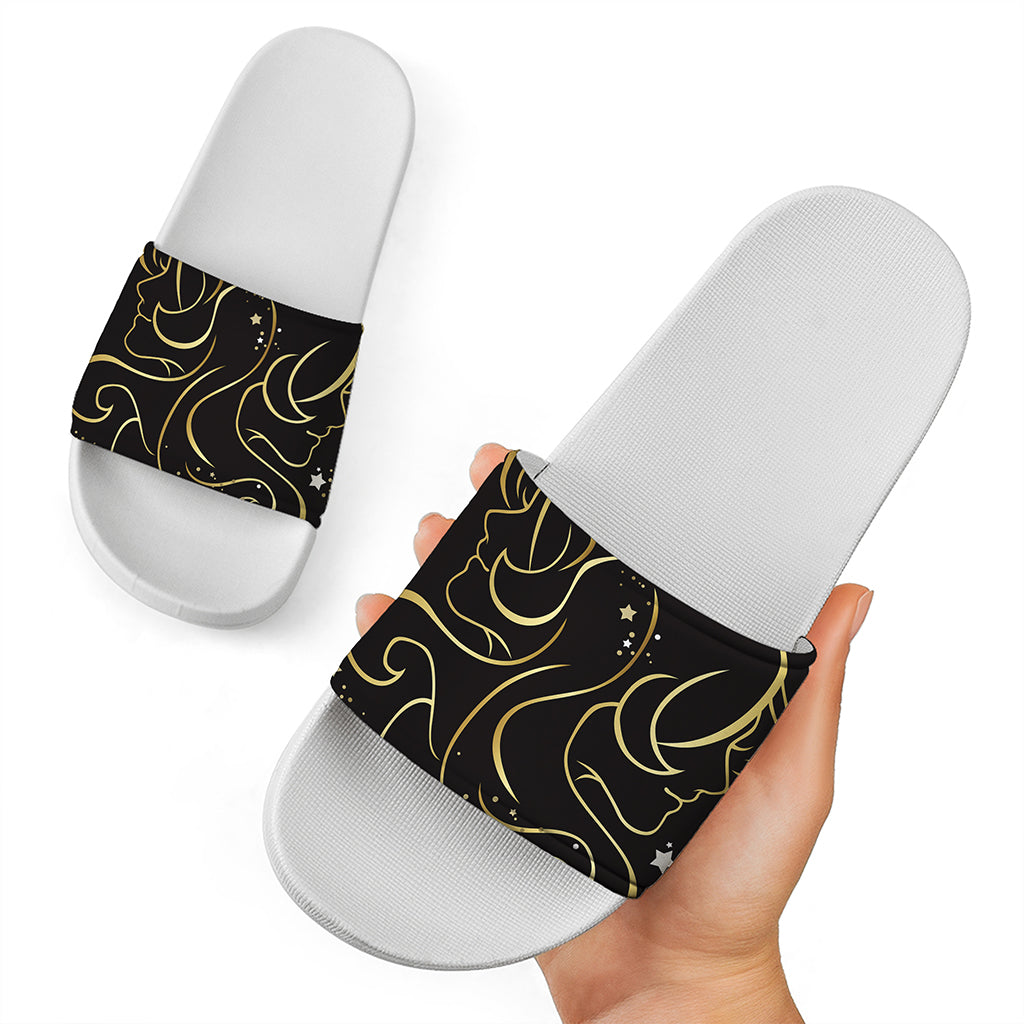 Gold And Black Gemini Sign Print White Slide Sandals
