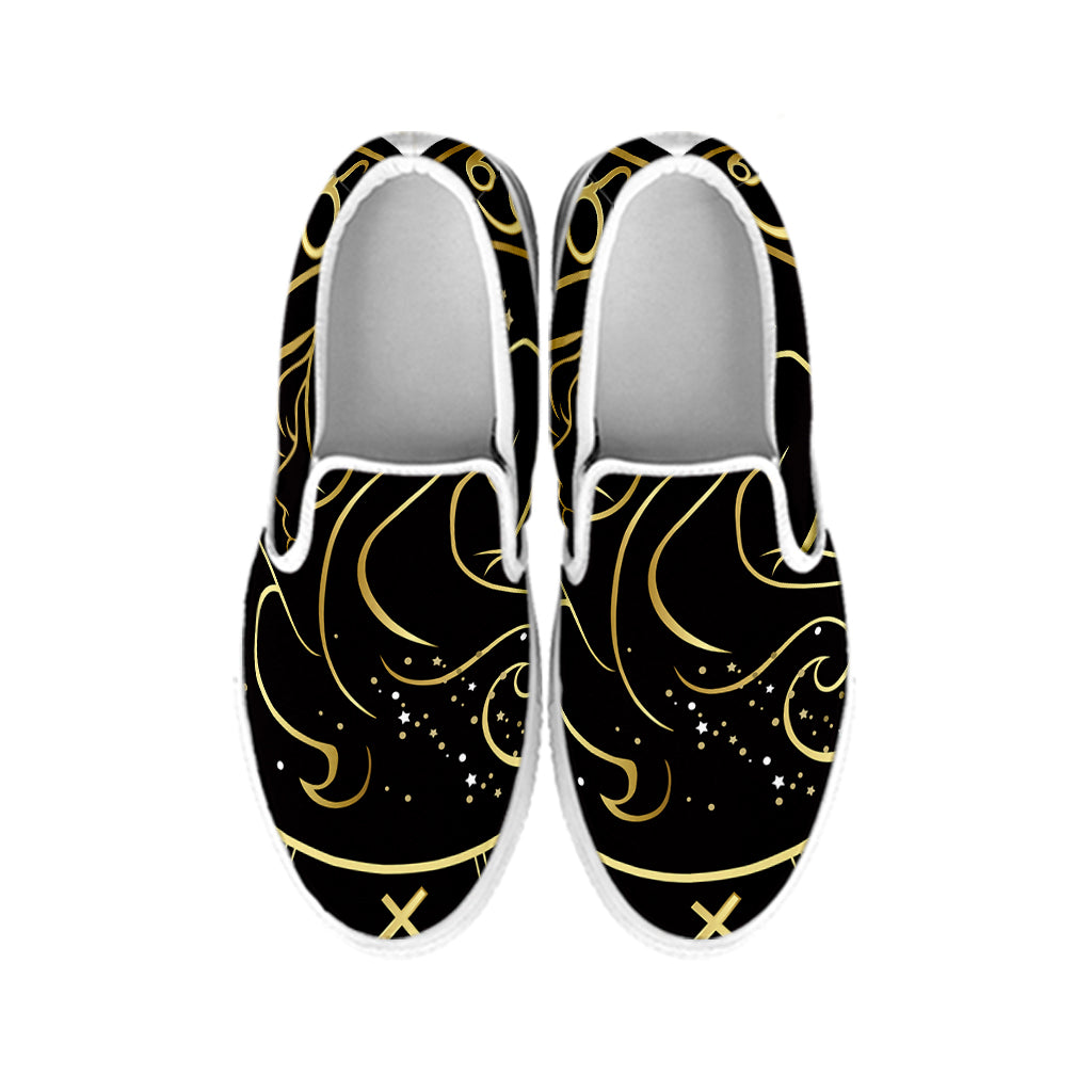 Gold And Black Gemini Sign Print White Slip On Shoes