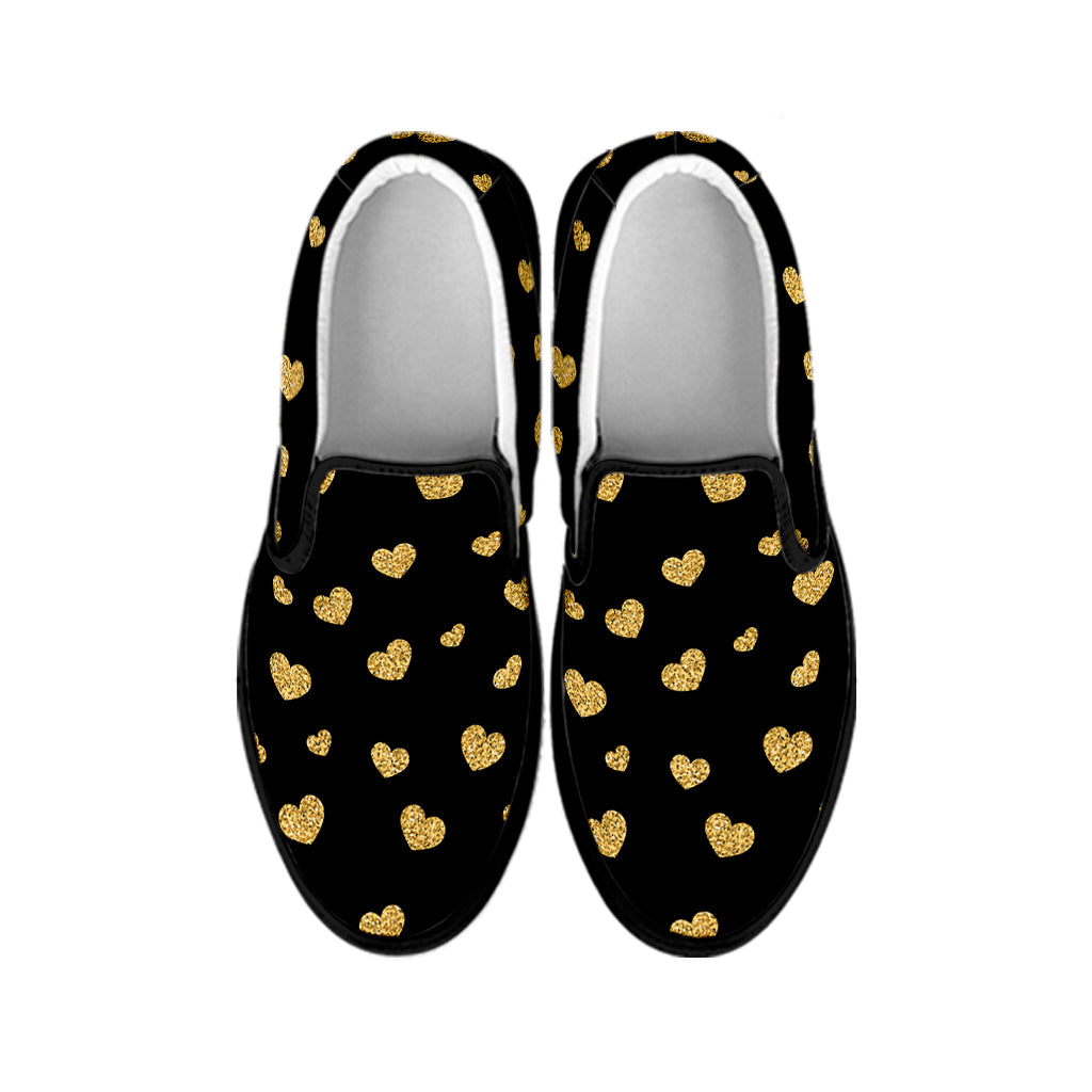 Gold And Black Heart Pattern Print Black Slip On Shoes