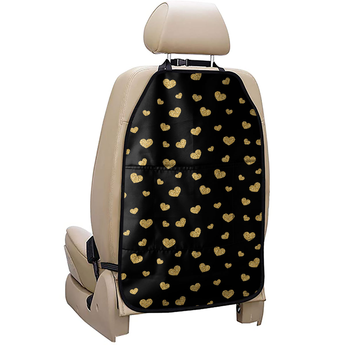Gold And Black Heart Pattern Print Car Seat Organizers