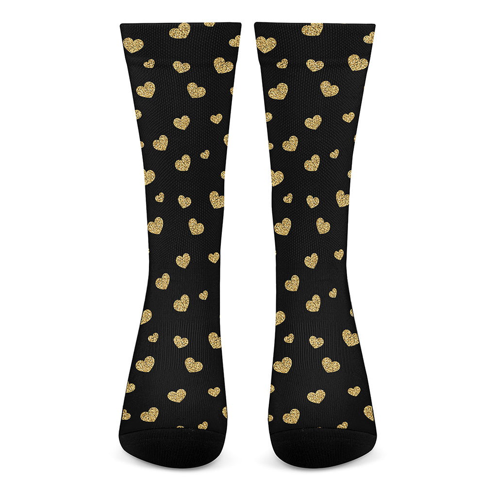 Gold And Black Heart Pattern Print Crew Socks