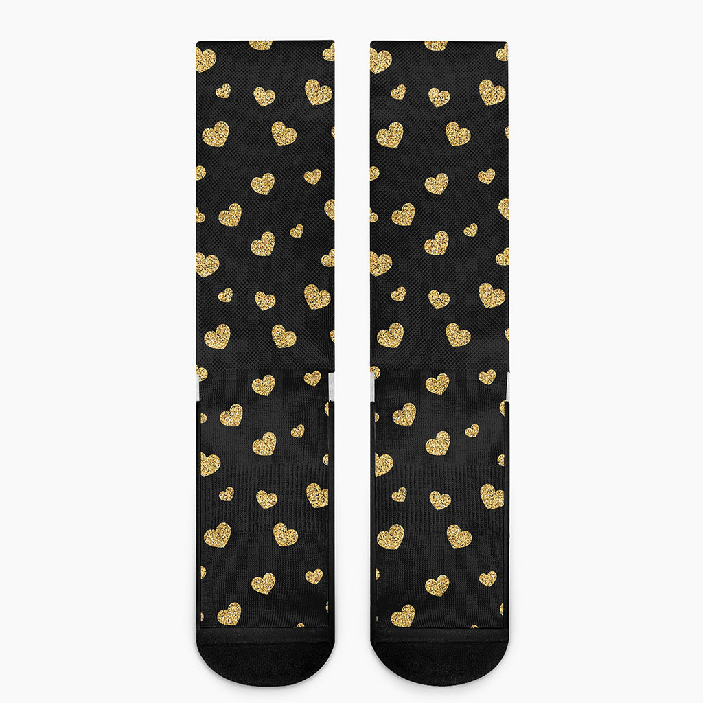 Gold And Black Heart Pattern Print Crew Socks