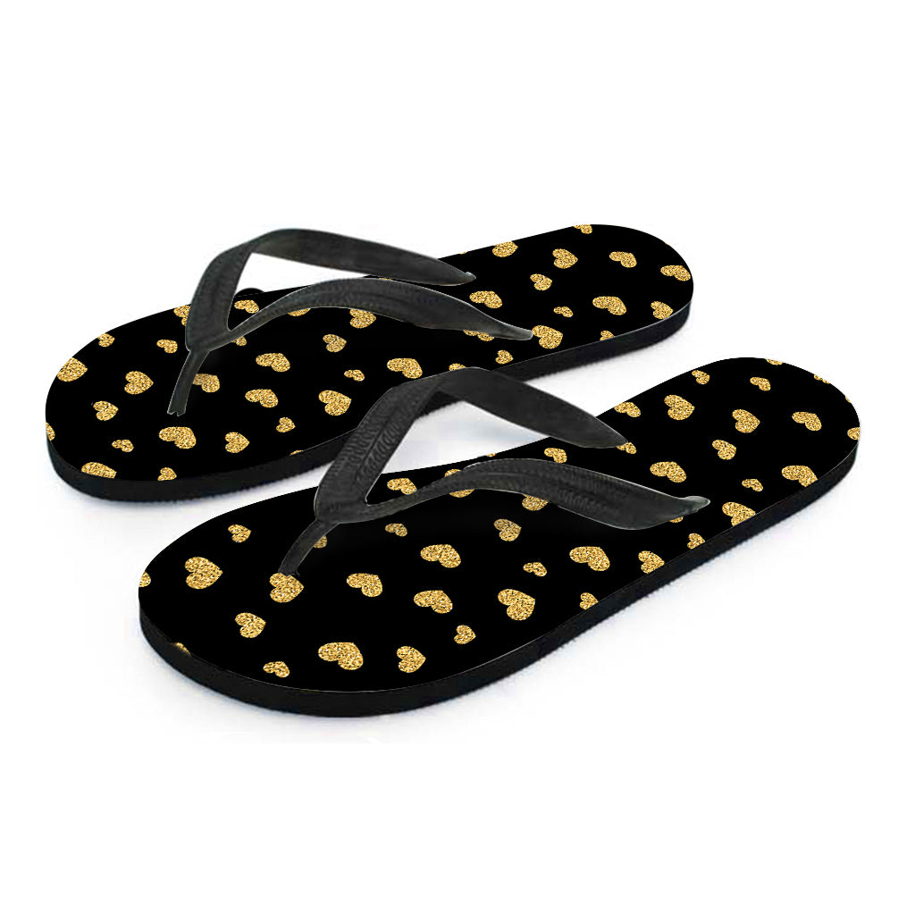 Gold And Black Heart Pattern Print Flip Flops