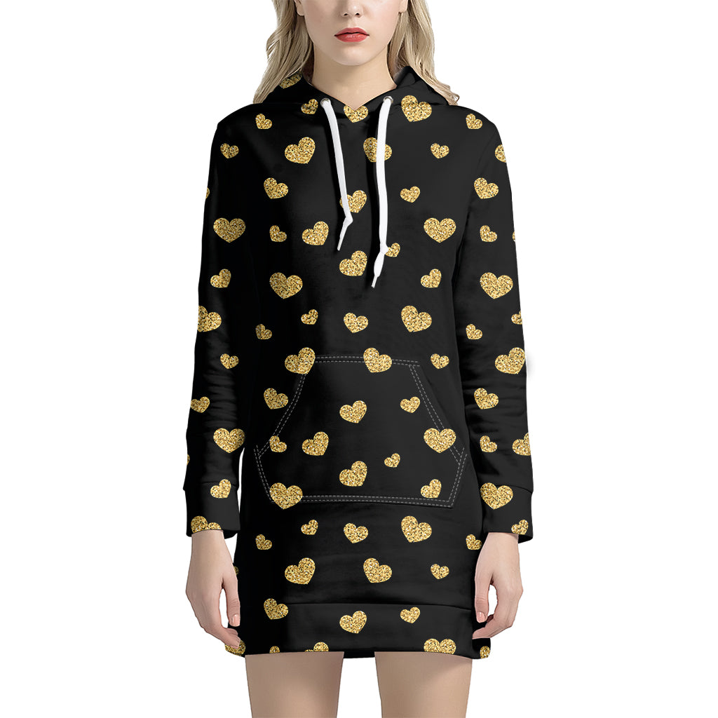 Gold And Black Heart Pattern Print Hoodie Dress