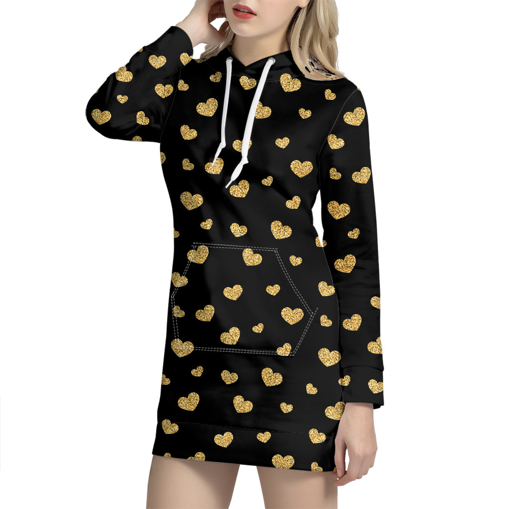 Gold And Black Heart Pattern Print Hoodie Dress