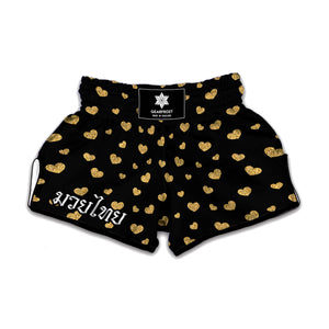 Gold And Black Heart Pattern Print Muay Thai Boxing Shorts