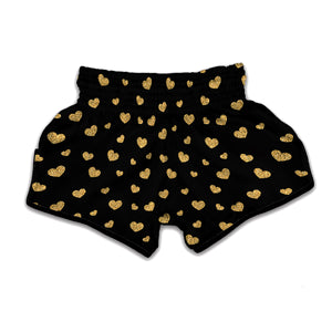 Gold And Black Heart Pattern Print Muay Thai Boxing Shorts