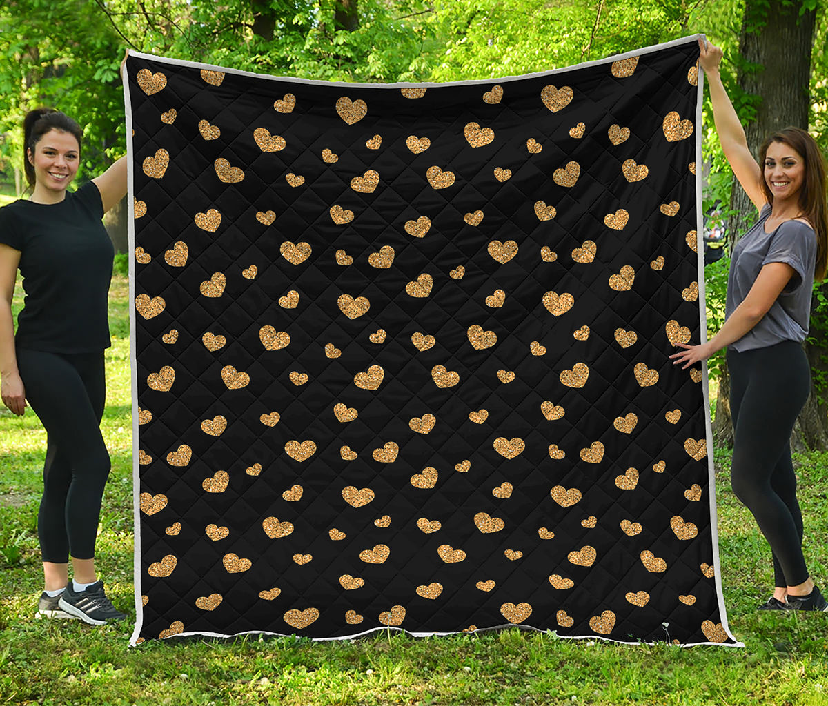 Gold And Black Heart Pattern Print Quilt