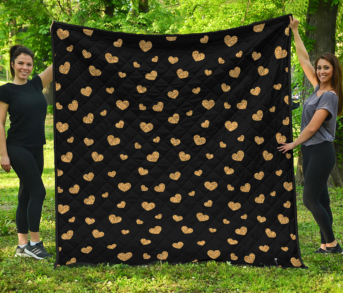 Gold And Black Heart Pattern Print Quilt