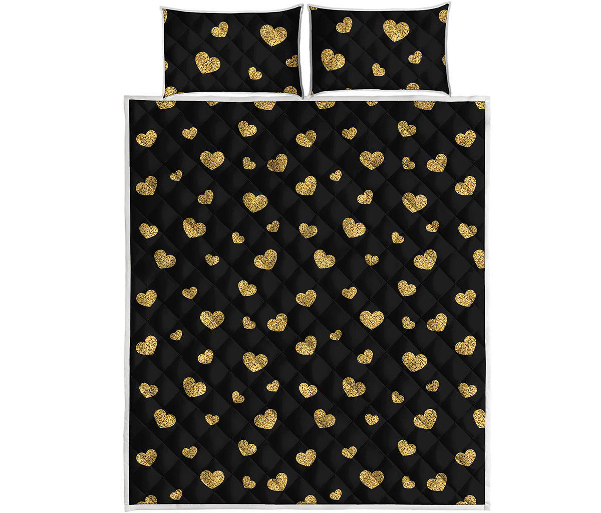 Gold And Black Heart Pattern Print Quilt Bed Set