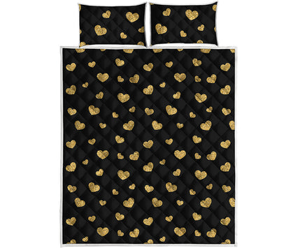 Gold And Black Heart Pattern Print Quilt Bed Set