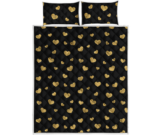 Gold And Black Heart Pattern Print Quilt Bed Set