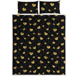 Gold And Black Heart Pattern Print Quilt Bed Set