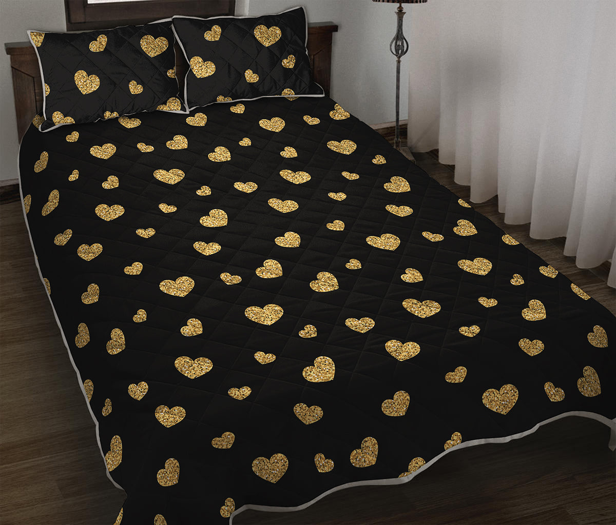 Gold And Black Heart Pattern Print Quilt Bed Set