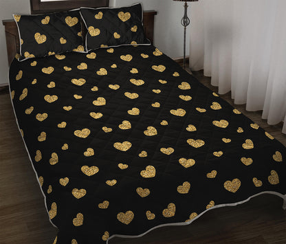 Gold And Black Heart Pattern Print Quilt Bed Set