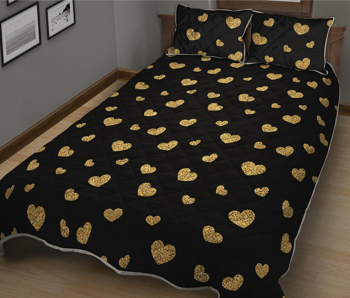 Gold And Black Heart Pattern Print Quilt Bed Set