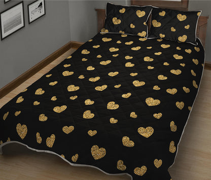 Gold And Black Heart Pattern Print Quilt Bed Set