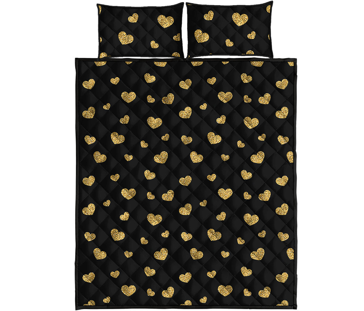 Gold And Black Heart Pattern Print Quilt Bed Set