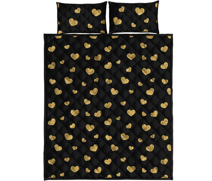 Gold And Black Heart Pattern Print Quilt Bed Set