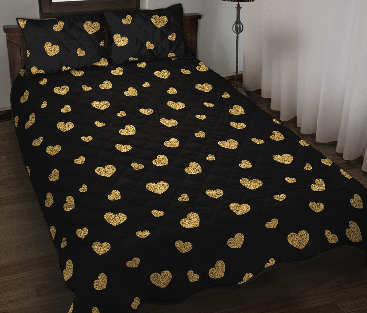 Gold And Black Heart Pattern Print Quilt Bed Set