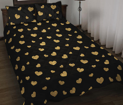 Gold And Black Heart Pattern Print Quilt Bed Set