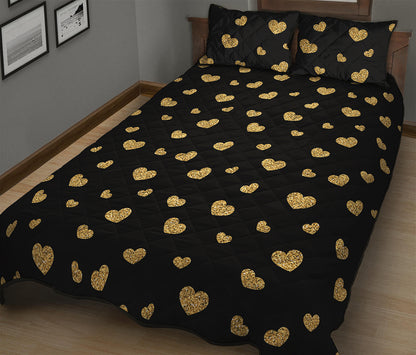 Gold And Black Heart Pattern Print Quilt Bed Set