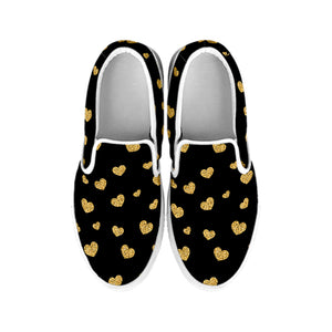 Gold And Black Heart Pattern Print White Slip On Shoes